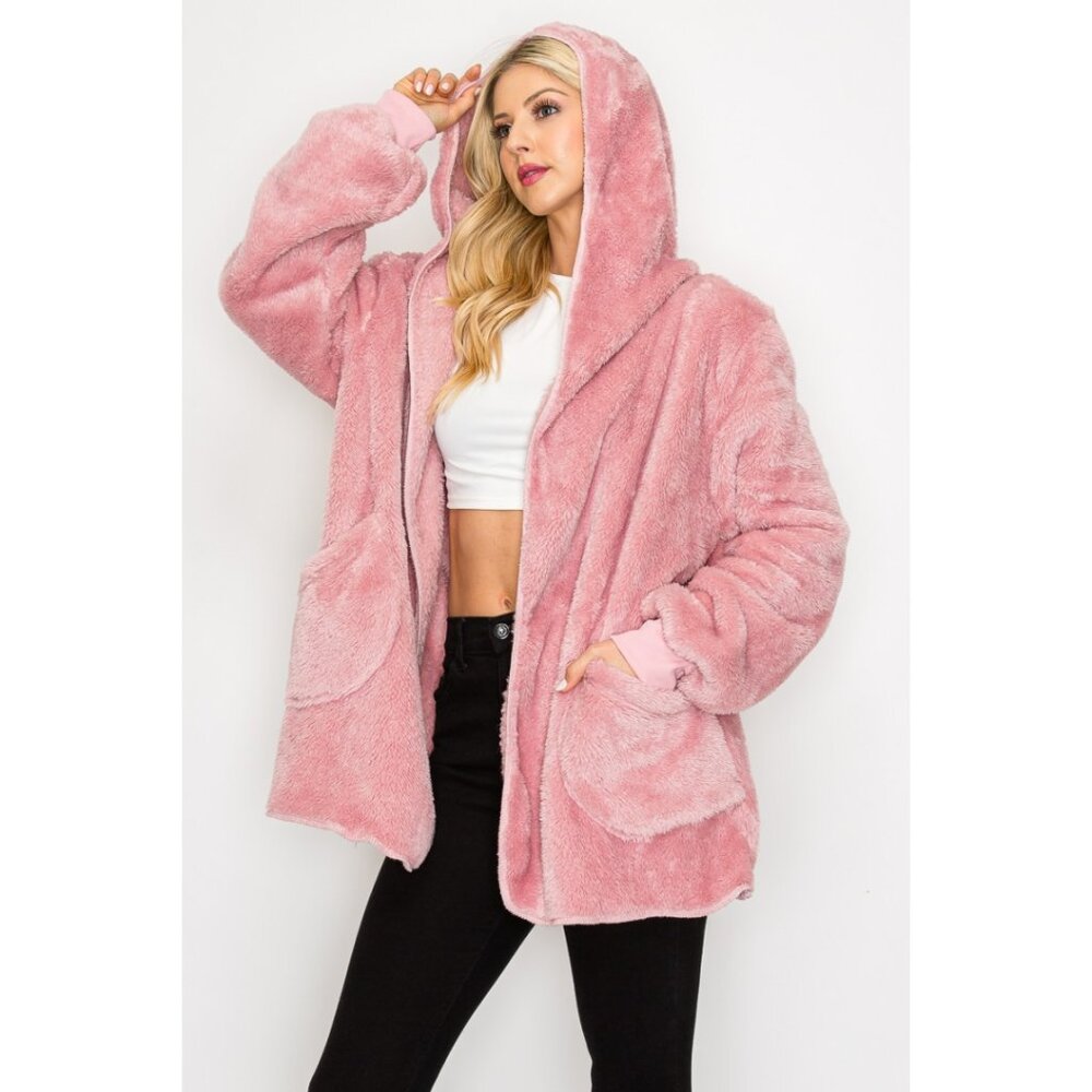 NEW Boutique Hooded Teddy Jacket Cozy Sherpa Fleece Weekend Furry Soft Warm Pink